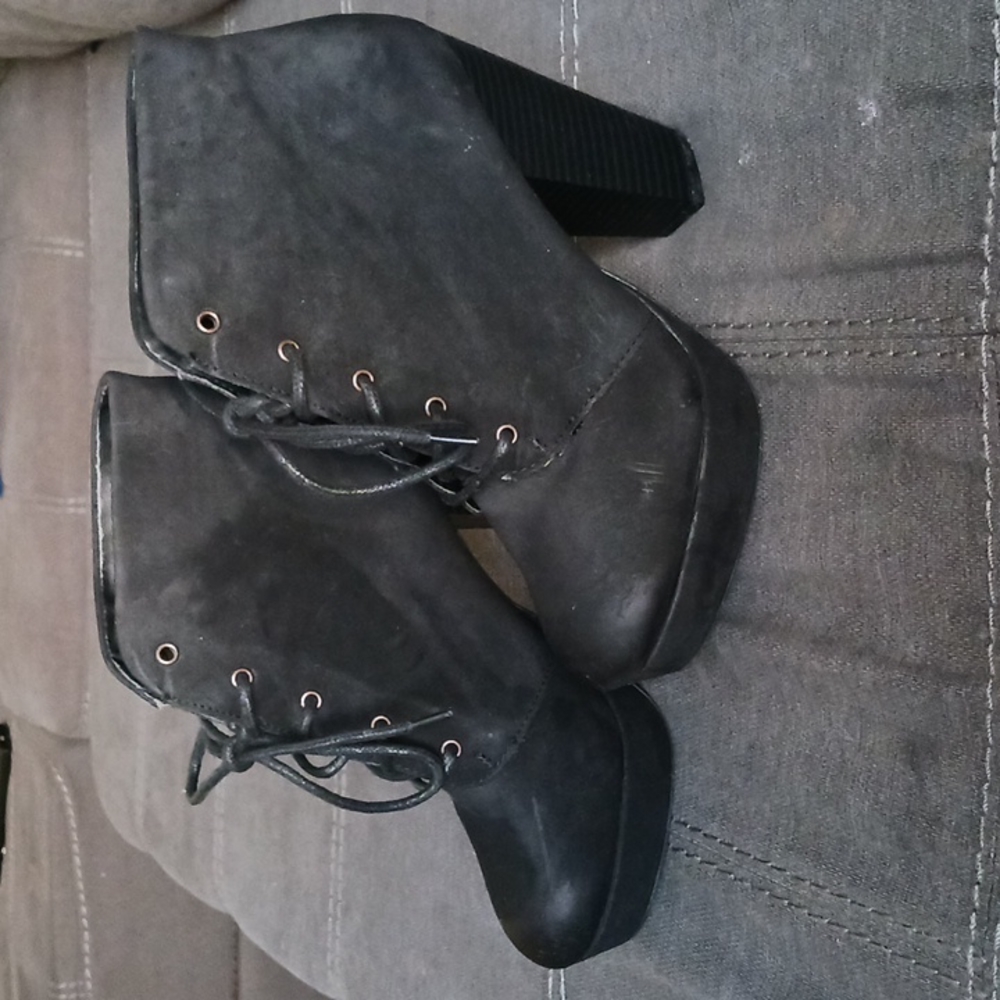 Black Faux Suede Chunky Block Heel Boots 7.5